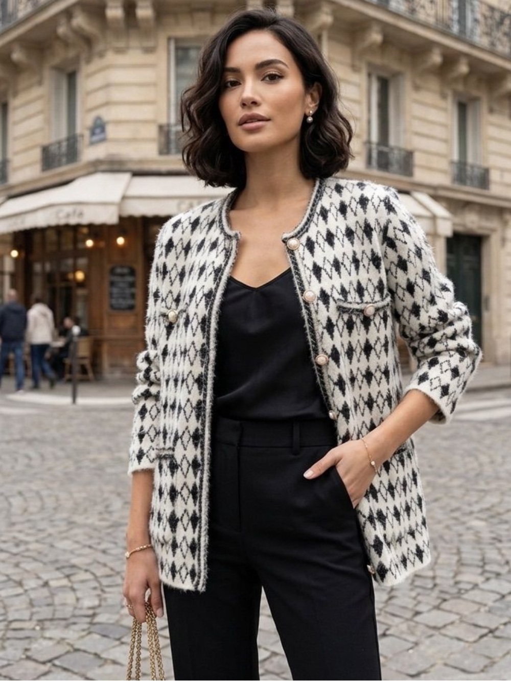Classic Black & White Diamond Patterned Knit Sweater Jacket
